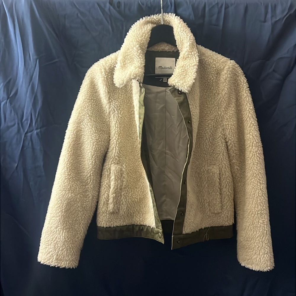 Madewell Cream Sherpa Jacket with Olive Trim - Picture 7 of 8